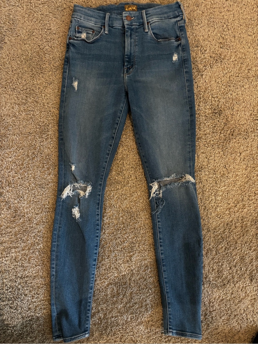 MOTHER Dark Blue Ripped Skinny Jeans